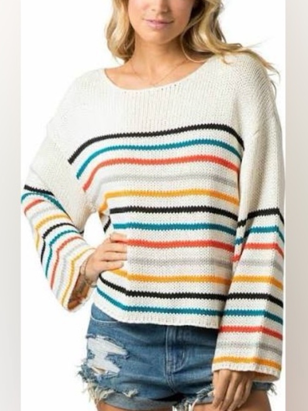 Rip Curl Ivory Crewneck Sweater with Teal, Coral, Mustard & Black Stripes